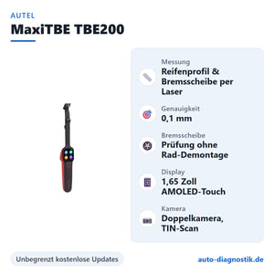 Autel MaxiTBE TBE200 Reifenprofil- und Bremsscheiben-Prüfgerät mit Übersicht der wichtigsten Funktionen