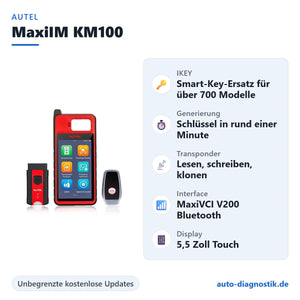 Autel MaxiIM KM100 Schlüsselprogrammierer mit Übersicht der wichtigsten Funktionen