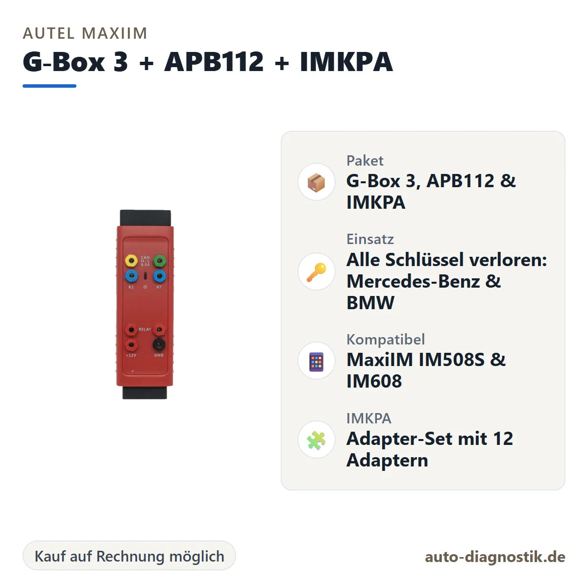 Autel MaxiIM Zubehörpaket G-Box 3, APB112 und IMKPA mit Übersicht der wichtigsten Eigenschaften