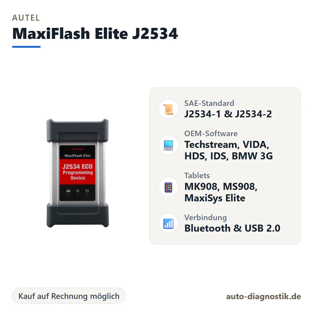 Autel MaxiFlash Elite J2534 Pass-Thru-Interface mit Übersicht der wichtigsten Eigenschaften