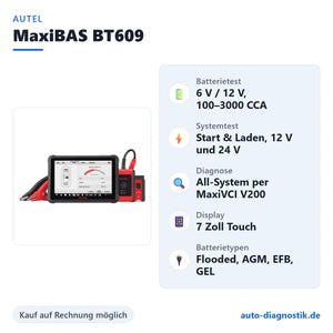 Autel MaxiBAS BT609 Batterie- und Diagnosetester mit Übersicht der wichtigsten Funktionen