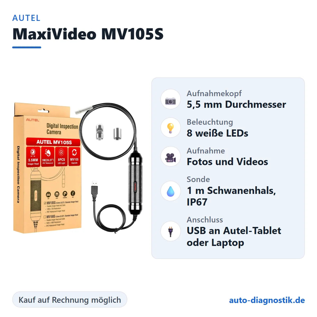 Autel MaxiVideo MV105S Endoskop-Kamera mit Übersicht der wichtigsten technischen Daten