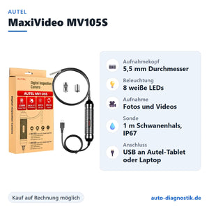Autel MaxiVideo MV105S Endoskop-Kamera mit Übersicht der wichtigsten technischen Daten