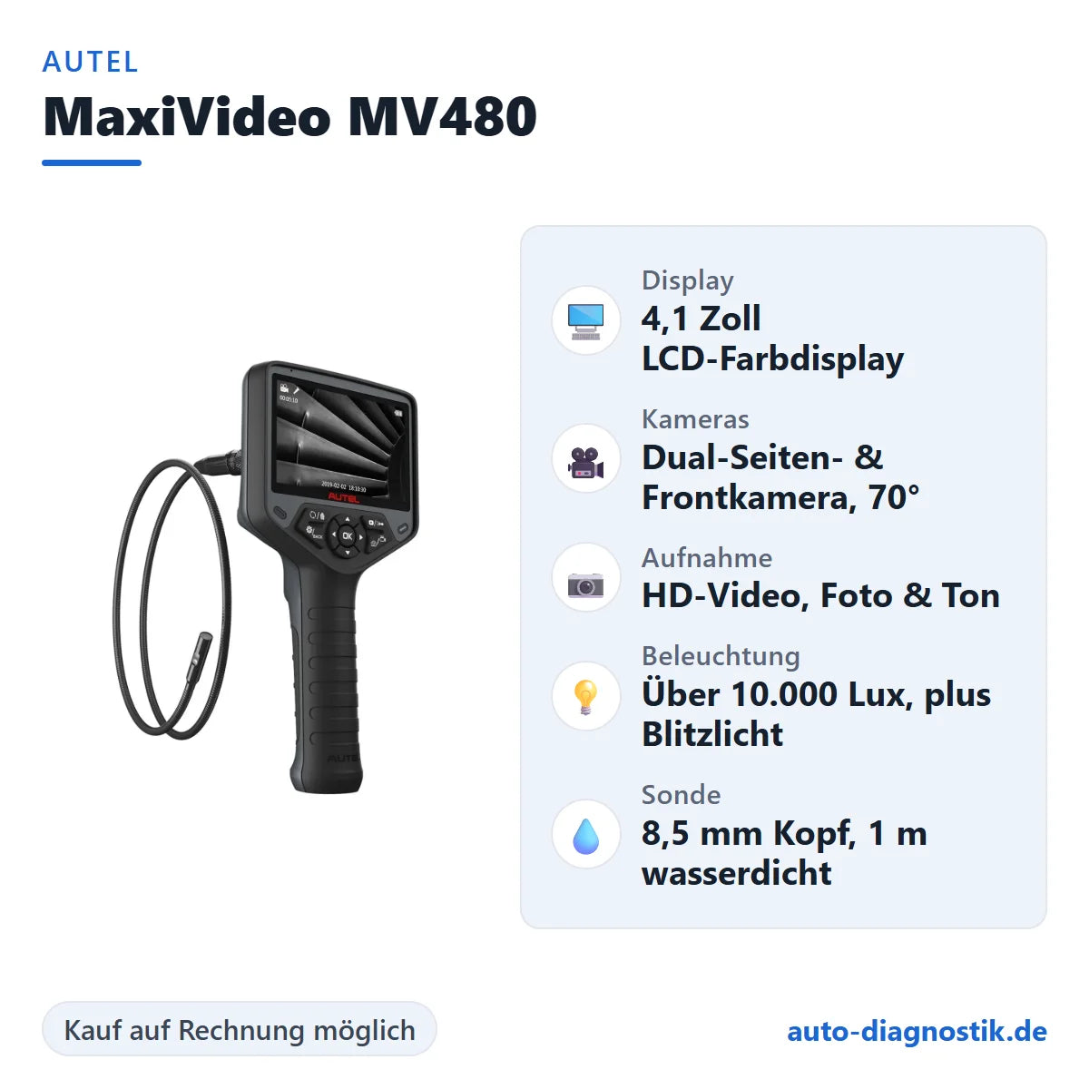Autel MaxiVideo MV480 Video-Endoskop mit Übersicht der wichtigsten technischen Daten