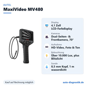 Autel MaxiVideo MV480 Video-Endoskop mit Übersicht der wichtigsten technischen Daten