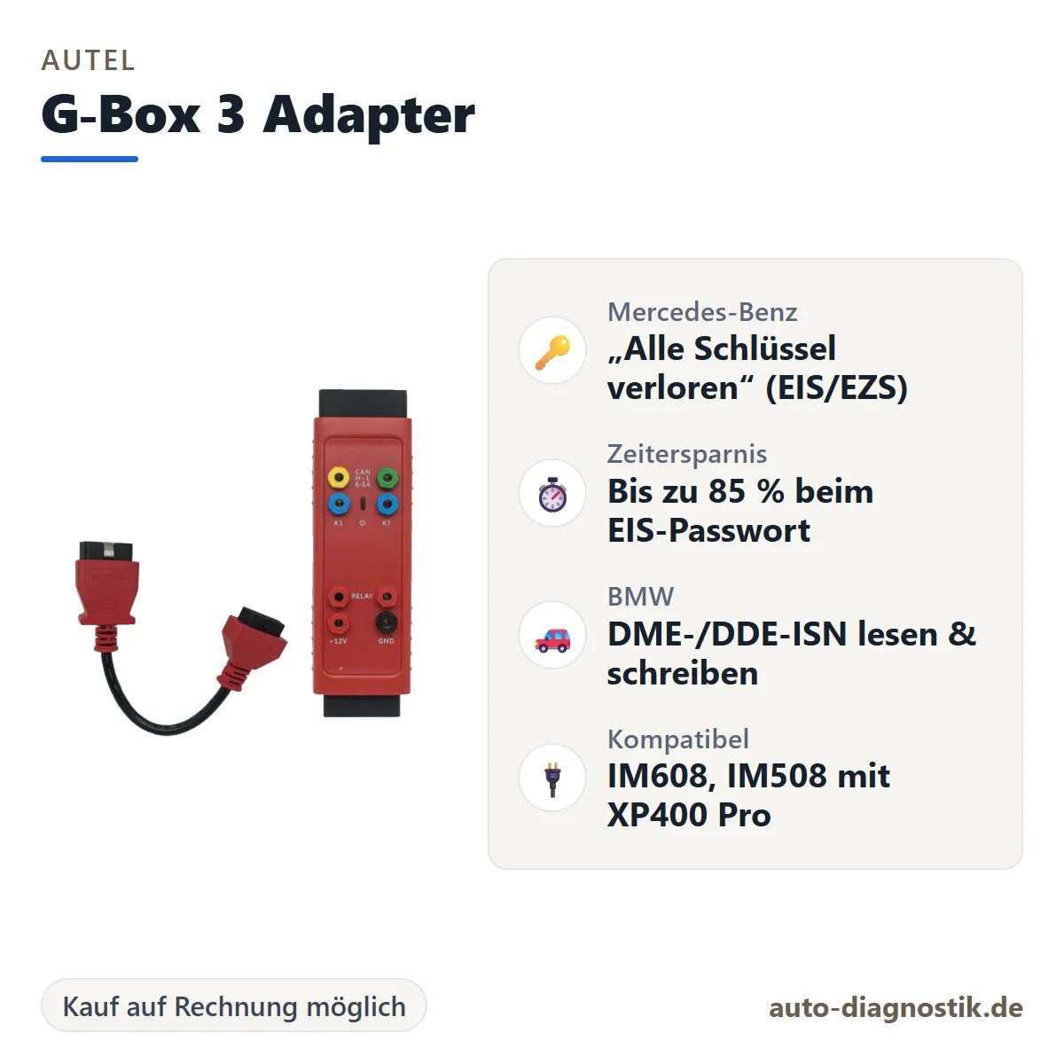 Autel G-Box 3 Adapter mit Übersicht der wichtigsten Funktionen