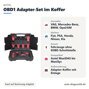Autel OBD1 Adapter-Set im Koffer mit Übersicht der wichtigsten Anschlüsse