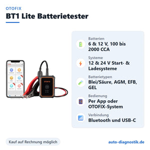 OTOFIX BT1 Lite Batterietester mit Übersicht der wichtigsten technischen Daten