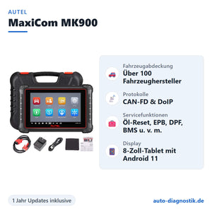 Autel MaxiCom MK900 Diagnosetablet mit Übersicht der wichtigsten Funktionen