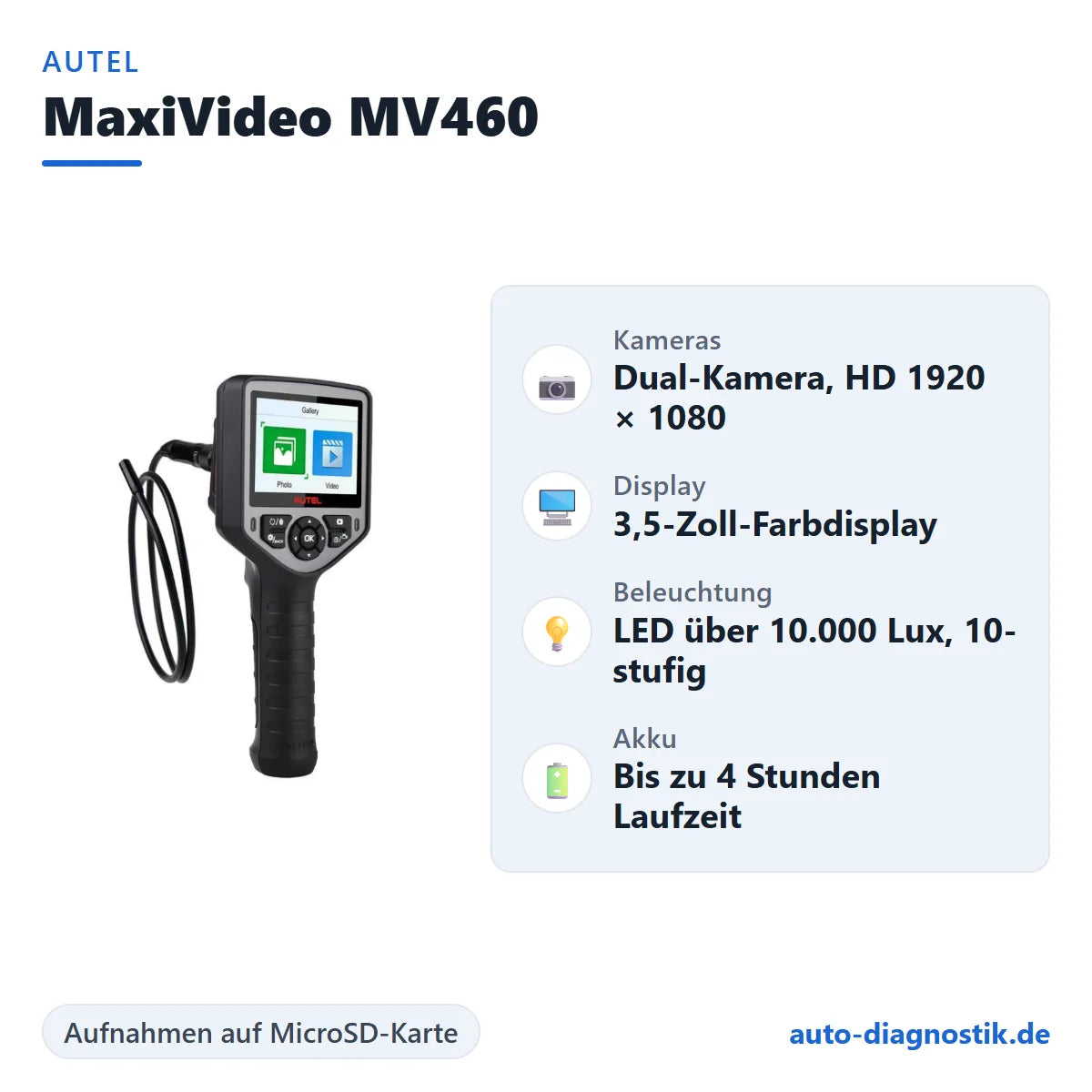 Autel MaxiVideo MV460 Videoskop mit Übersicht der wichtigsten Funktionen