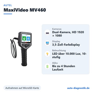 Autel MaxiVideo MV460 Videoskop mit Übersicht der wichtigsten Funktionen