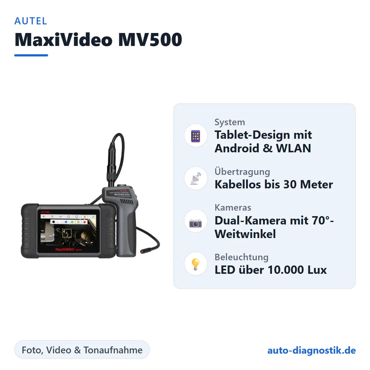 Autel MaxiVideo MV500 Videoskop mit Übersicht der wichtigsten Funktionen