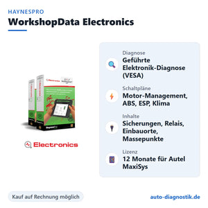HaynesPro WorkshopData Electronics für Autel MaxiSys mit Übersicht der wichtigsten Leistungen