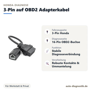 Honda 3-Pin auf OBD2 Adapterkabel mit Übersicht der wichtigsten Anschlüsse