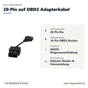 Kia 20-Pin auf OBD2 Adapterkabel mit Übersicht der wichtigsten Anschlüsse