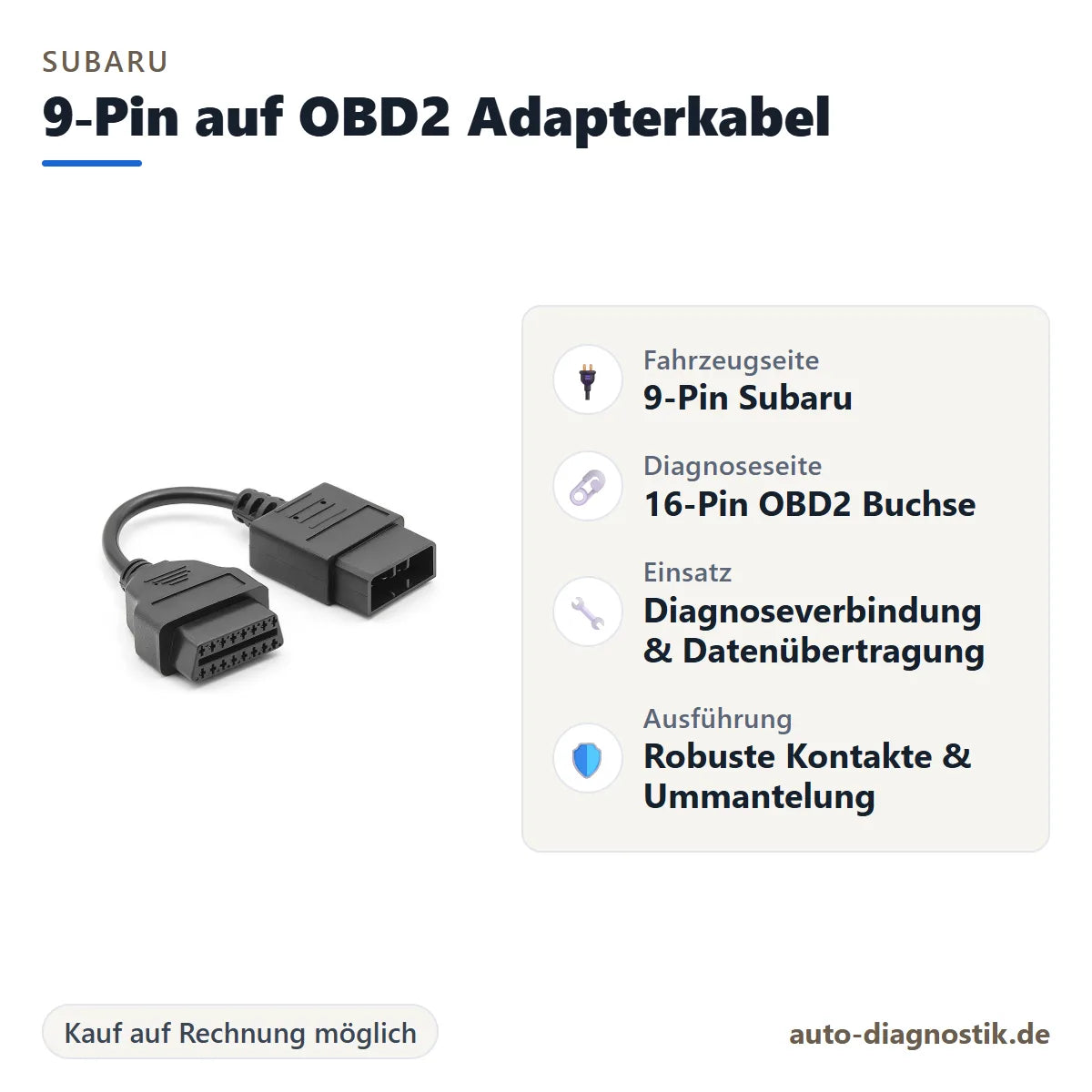 Subaru 9-Pin auf OBD2 Adapterkabel mit Übersicht der wichtigsten Anschlüsse