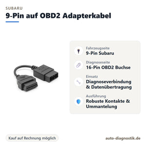 Subaru 9-Pin auf OBD2 Adapterkabel mit Übersicht der wichtigsten Anschlüsse