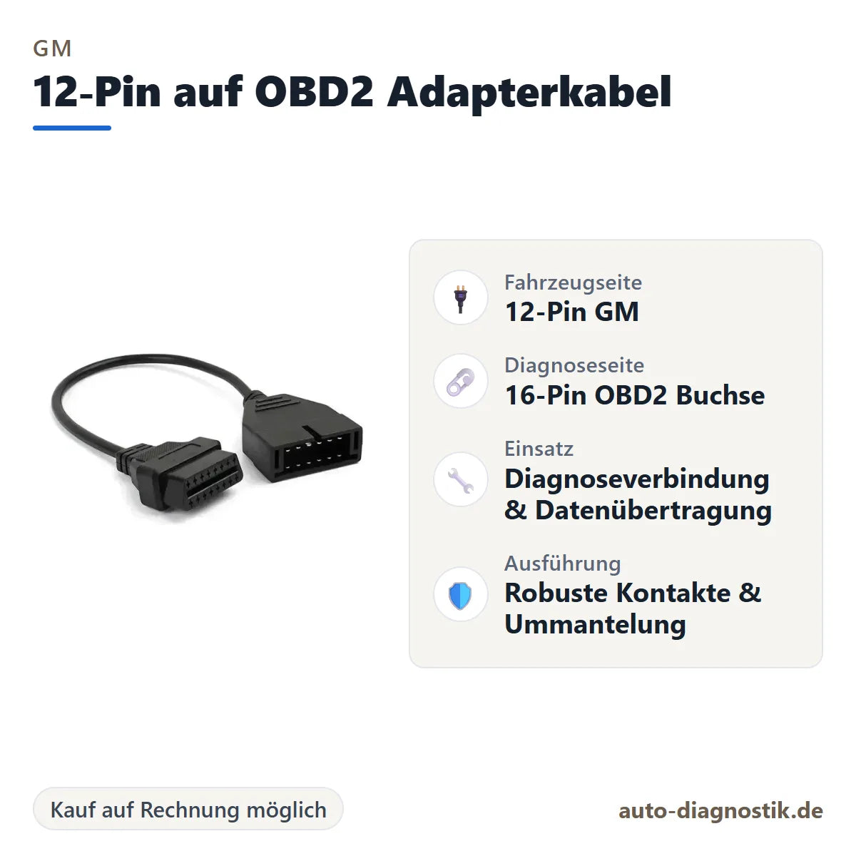 GM 12-Pin auf OBD2 Adapterkabel mit Übersicht der wichtigsten Anschlüsse