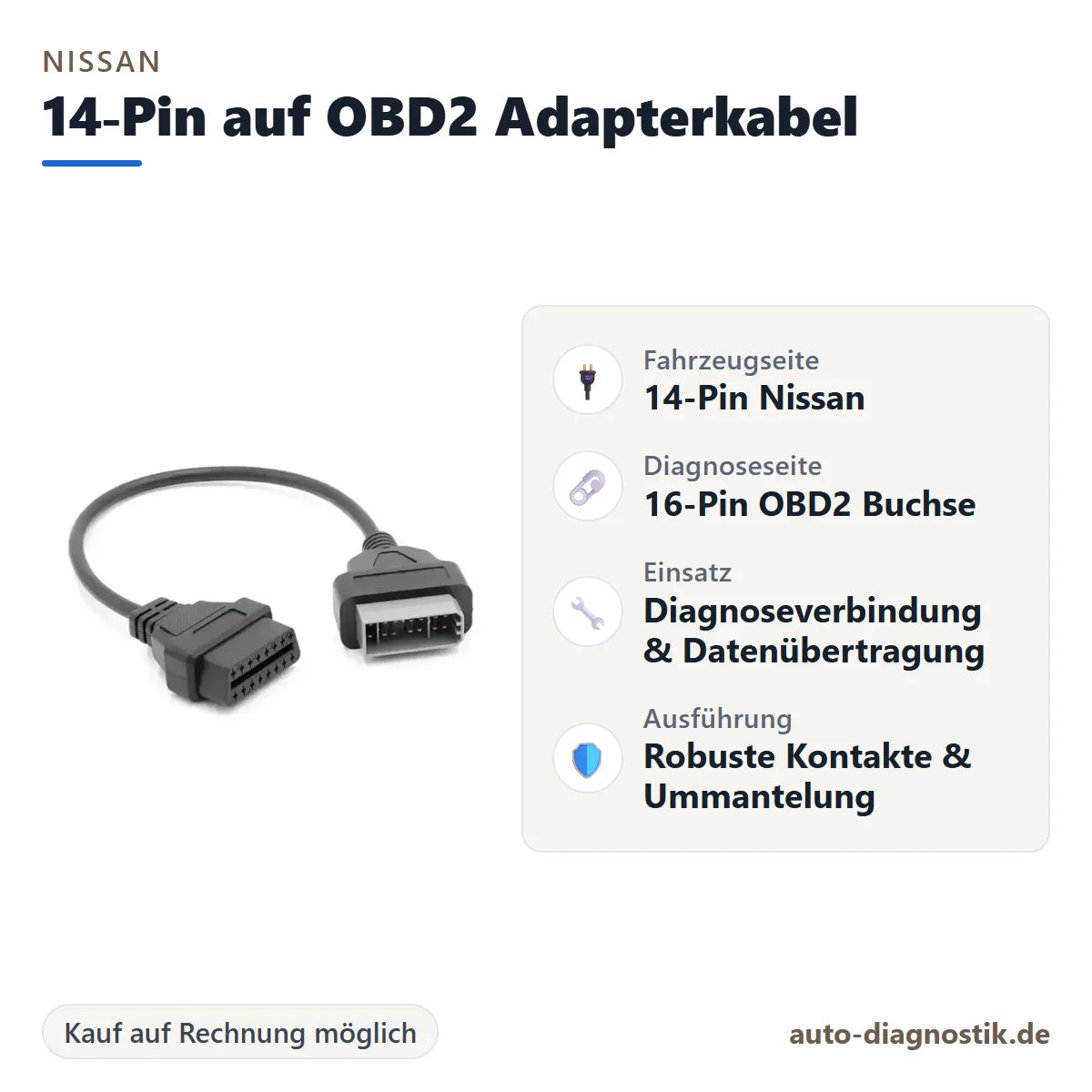 Nissan 14-Pin auf OBD2 Adapterkabel mit Übersicht der wichtigsten Anschlüsse