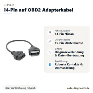 Nissan 14-Pin auf OBD2 Adapterkabel mit Übersicht der wichtigsten Anschlüsse