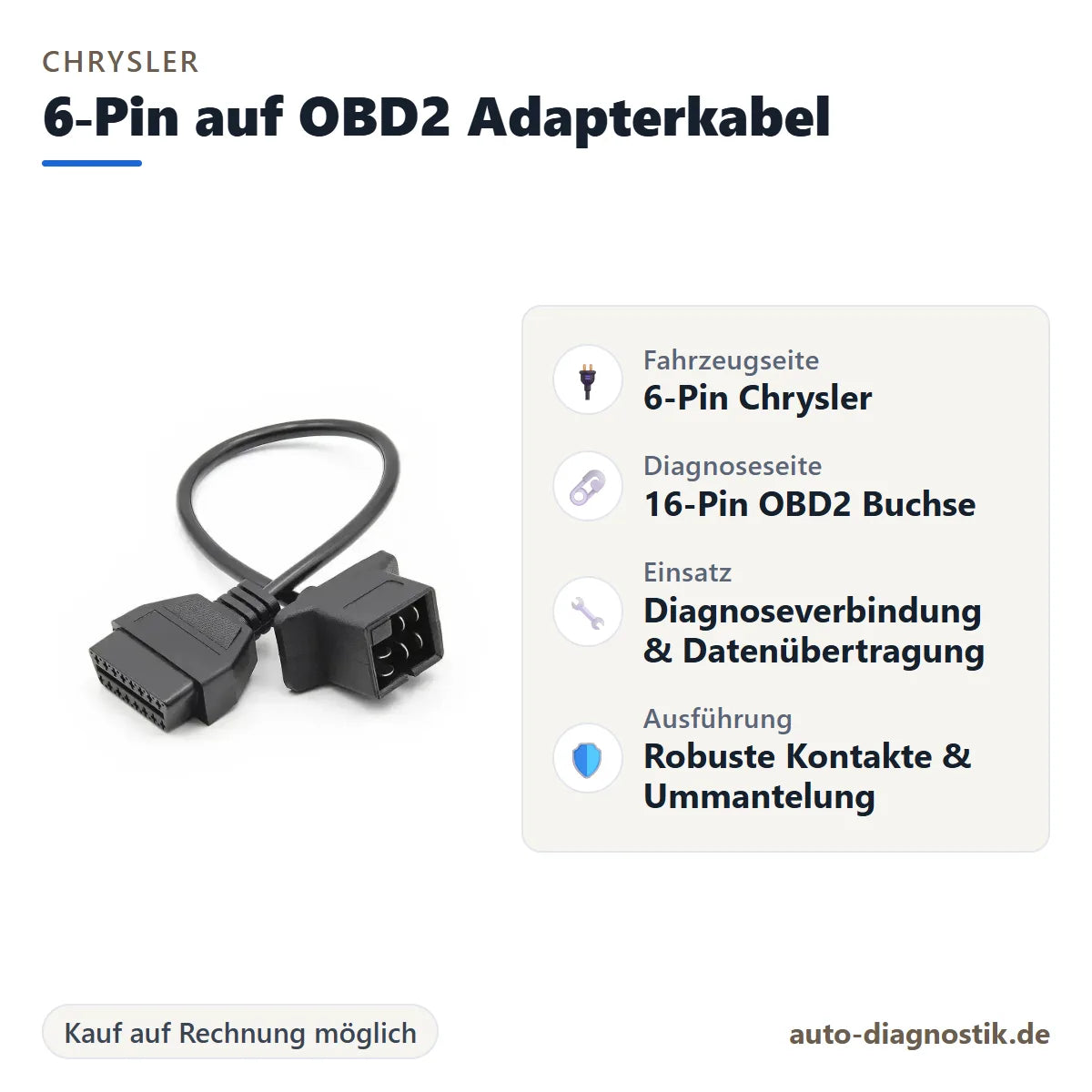 Chrysler 6-Pin auf OBD2 Adapterkabel mit Übersicht der wichtigsten Anschlüsse