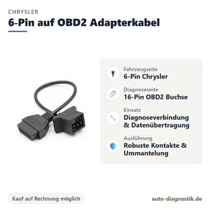Chrysler 6-Pin auf OBD2 Adapterkabel mit Übersicht der wichtigsten Anschlüsse