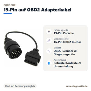 Porsche 19-Pin auf OBD2 Adapterkabel mit Übersicht der wichtigsten Anschlüsse
