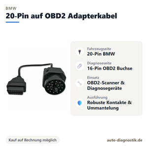 BMW 20-Pin auf OBD2 Adapterkabel mit Übersicht der wichtigsten Anschlüsse