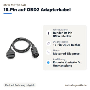 BMW Motorrad 10-Pin auf OBD2 Adapterkabel mit Übersicht der wichtigsten Anschlüsse