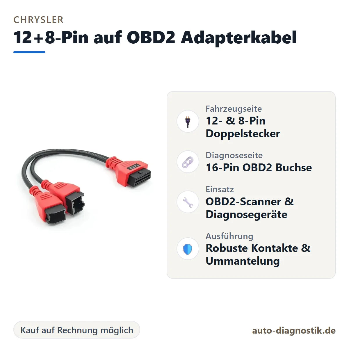 Chrysler 12+8-Pin auf OBD2 Adapterkabel mit Übersicht der wichtigsten Anschlüsse