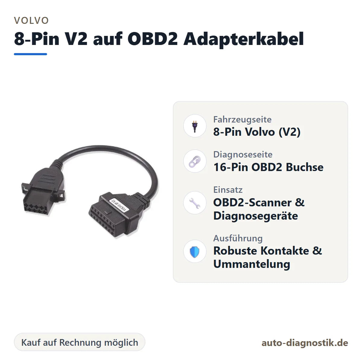 Volvo 8-Pin V2 auf OBD2 Adapterkabel mit Übersicht der wichtigsten Anschlüsse