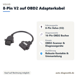 Volvo 8-Pin V2 auf OBD2 Adapterkabel mit Übersicht der wichtigsten Anschlüsse