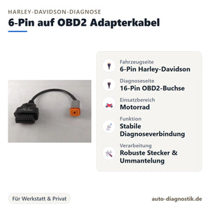 Harley-Davidson 6-Pin auf OBD2 Adapterkabel mit Übersicht der wichtigsten Anschlüsse