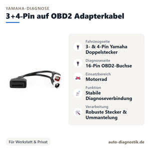 Yamaha 3+4-Pin auf OBD2 Adapterkabel mit Übersicht der wichtigsten Anschlüsse