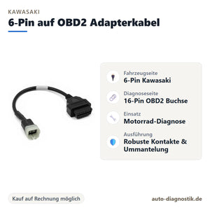 Kawasaki 6-Pin auf OBD2 Adapterkabel mit Übersicht der wichtigsten Anschlüsse