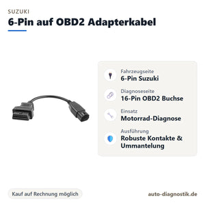 Suzuki 6-Pin auf OBD2 Adapterkabel mit Übersicht der wichtigsten Anschlüsse