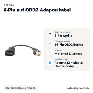 Aprilia 6-Pin auf OBD2 Adapterkabel mit Übersicht der wichtigsten Anschlüsse