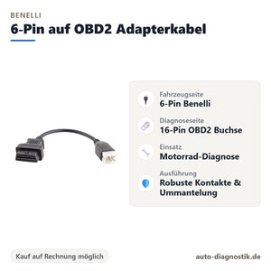 Benelli 6-Pin auf OBD2 Adapterkabel mit Übersicht der wichtigsten Anschlüsse