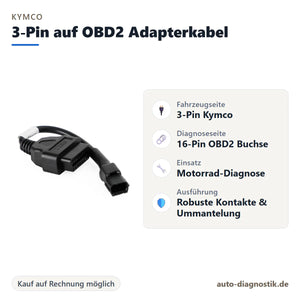 Kymco 3-Pin auf OBD2 Adapterkabel mit Übersicht der wichtigsten Anschlüsse