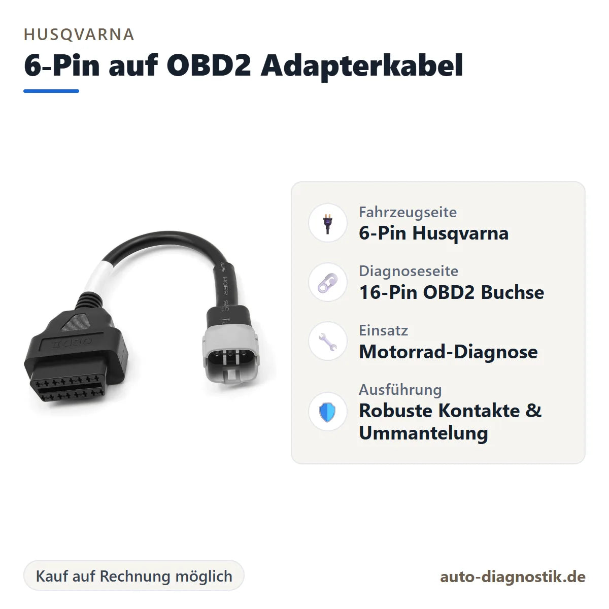 Husqvarna 6-Pin auf OBD2 Adapterkabel mit Übersicht der wichtigsten Anschlüsse