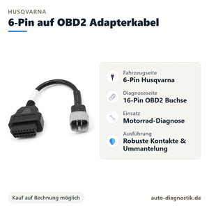 Husqvarna 6-Pin auf OBD2 Adapterkabel mit Übersicht der wichtigsten Anschlüsse