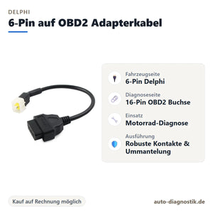 Delphi 6-Pin auf OBD2 Adapterkabel mit Übersicht der wichtigsten Anschlüsse
