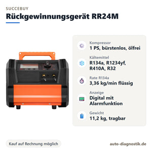 SucceBuy Kältemittel-Rückgewinnungsgerät RR24M mit Übersicht der wichtigsten technischen Daten