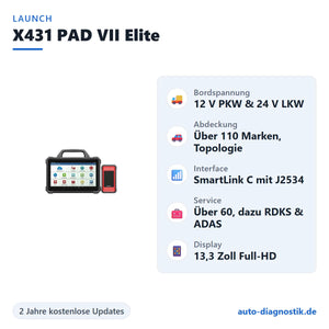 LAUNCH X431 PAD VII Elite mit Übersicht der wichtigsten Funktionen
