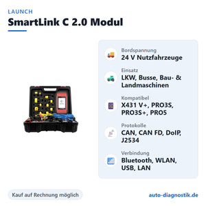 LAUNCH X431 SmartLink C 2.0 Nutzfahrzeug-Modul mit Übersicht der wichtigsten Funktionen