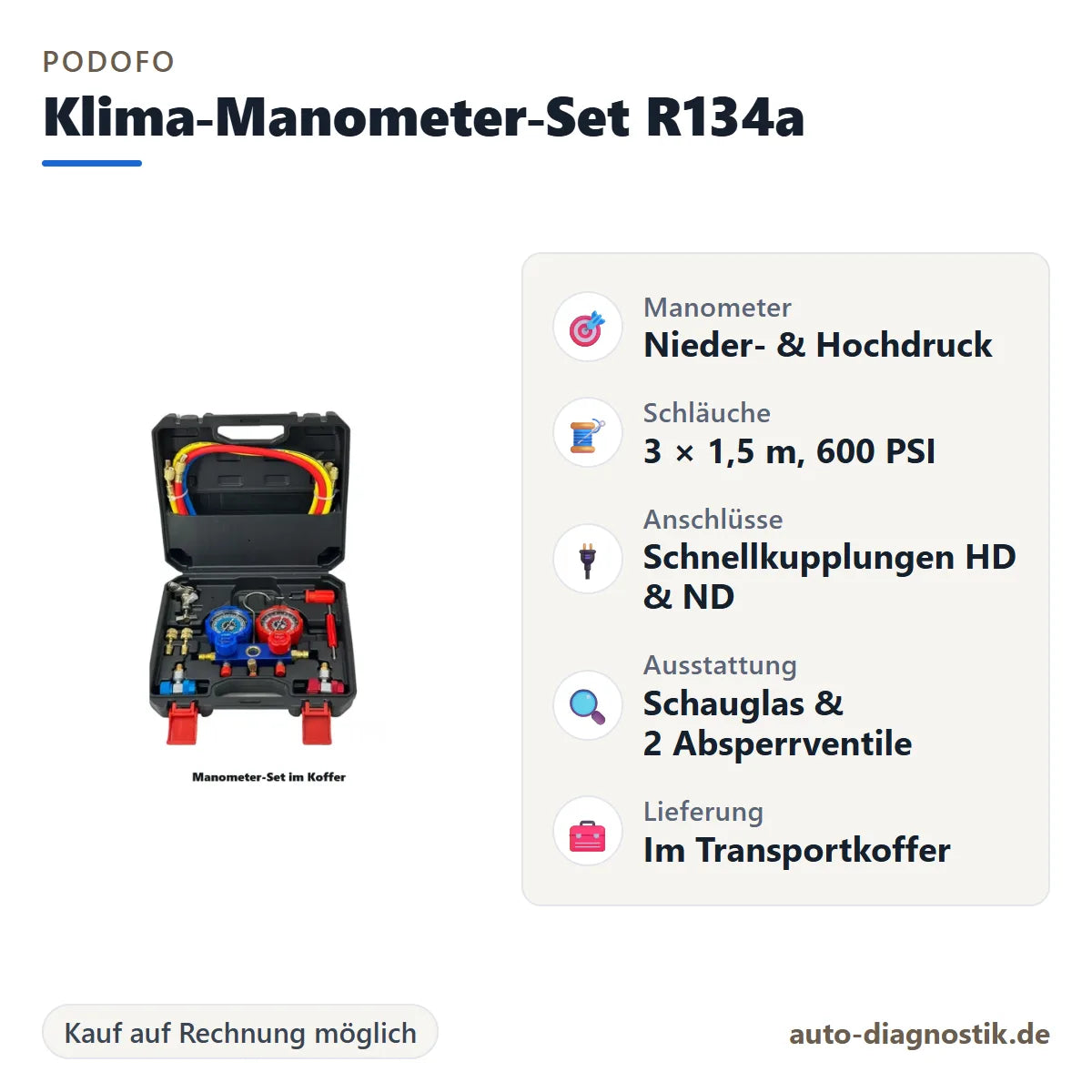 Podofo Klimaanlagen-Manometer-Set für R134a mit Übersicht der wichtigsten Eigenschaften