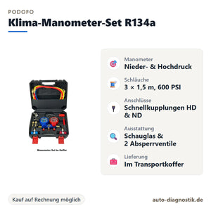 Podofo Klimaanlagen-Manometer-Set für R134a mit Übersicht der wichtigsten Eigenschaften