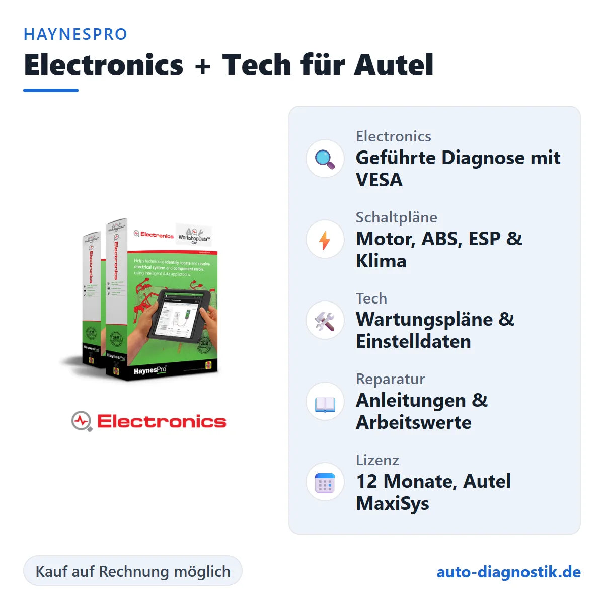 HaynesPro WorkshopData Electronics und Tech für Autel MaxiSys mit Übersicht der wichtigsten Funktionen