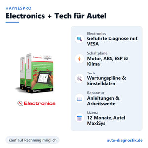 HaynesPro WorkshopData Electronics und Tech für Autel MaxiSys mit Übersicht der wichtigsten Funktionen