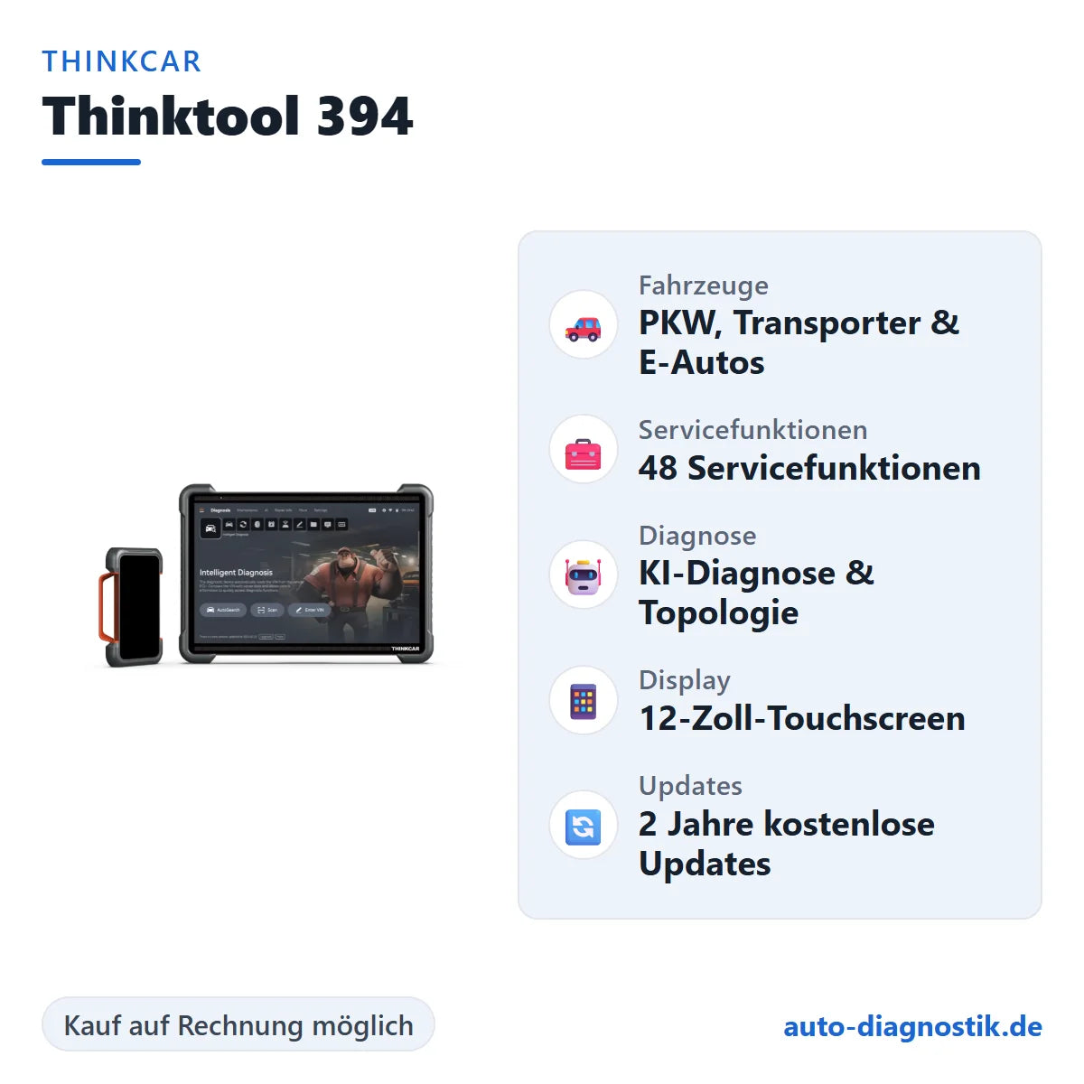 THINKCAR Thinktool 394 mit Übersicht der wichtigsten Funktionen